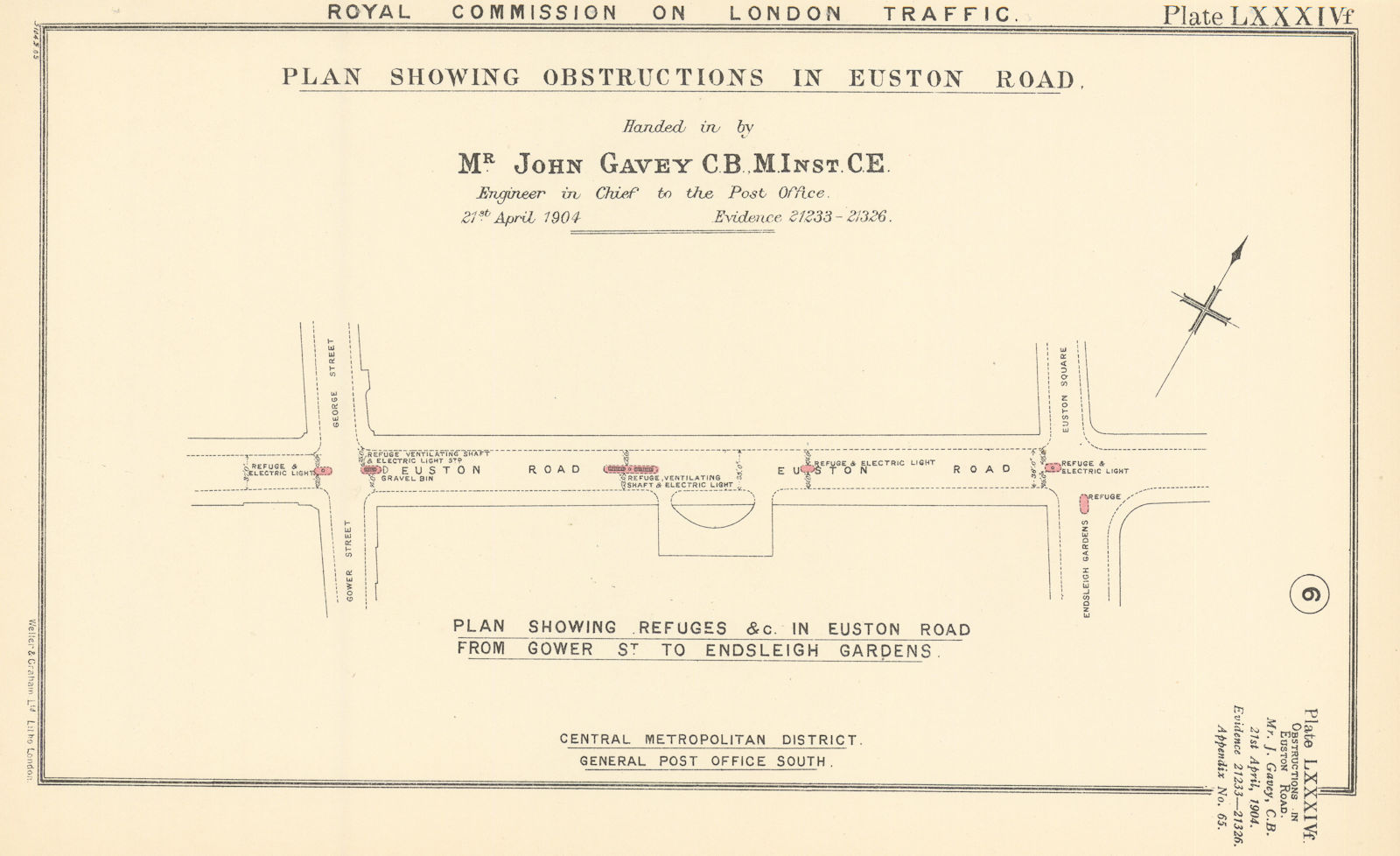 Associate Product Royal Commission on London Traffic. Euston Road obstructions. Refuges 1906 map