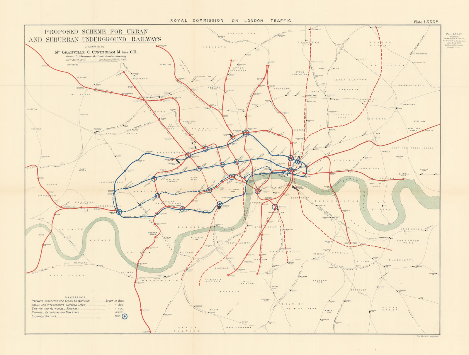 Proposed scheme for urban & suburban underground railways 1906 old antique map