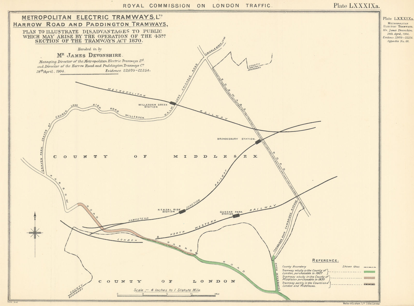 Associate Product London Traffic Royal Commission. Harrow Road & Paddington tramways 1906 map