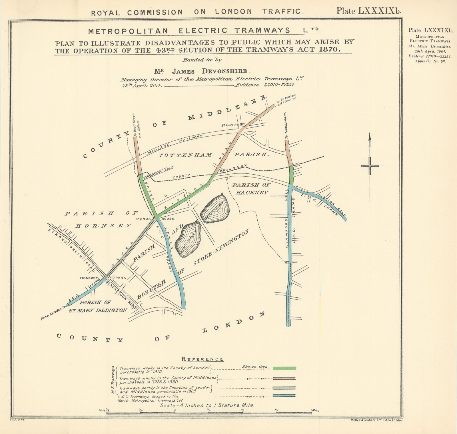 Associate Product London Traffic Royal Commission Trams Seven Sisters Road Stamford Hill 1906 map