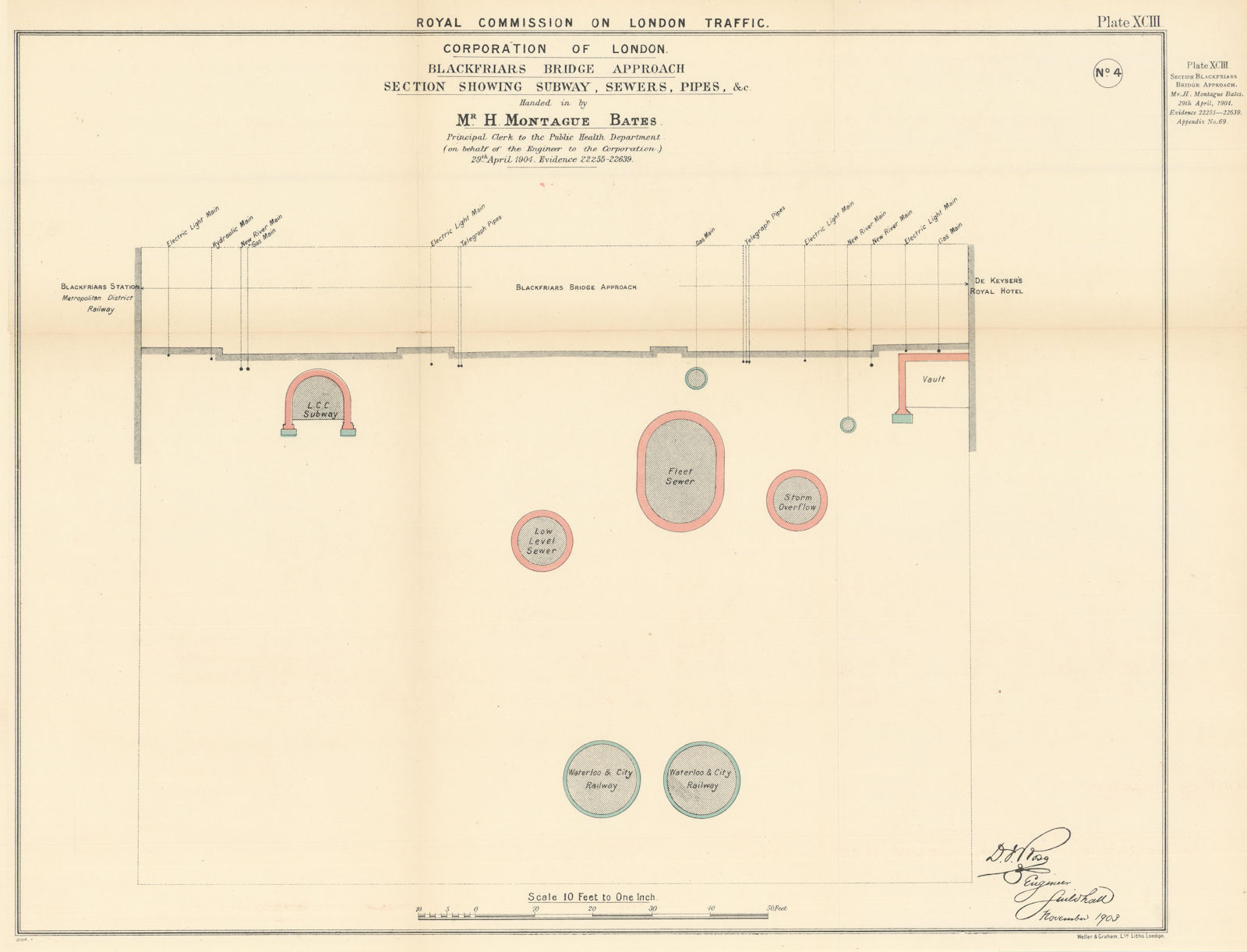 Associate Product Blackfriars Bridge Approach section showing subway, sewers & pipes 1906 print