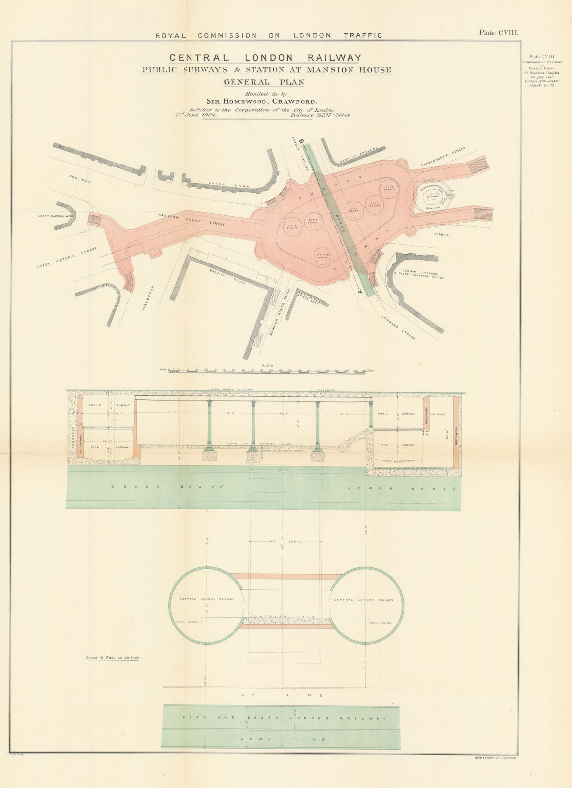 Associate Product Royal Commission on London Traffic. Central line tube station at Bank 1906 map