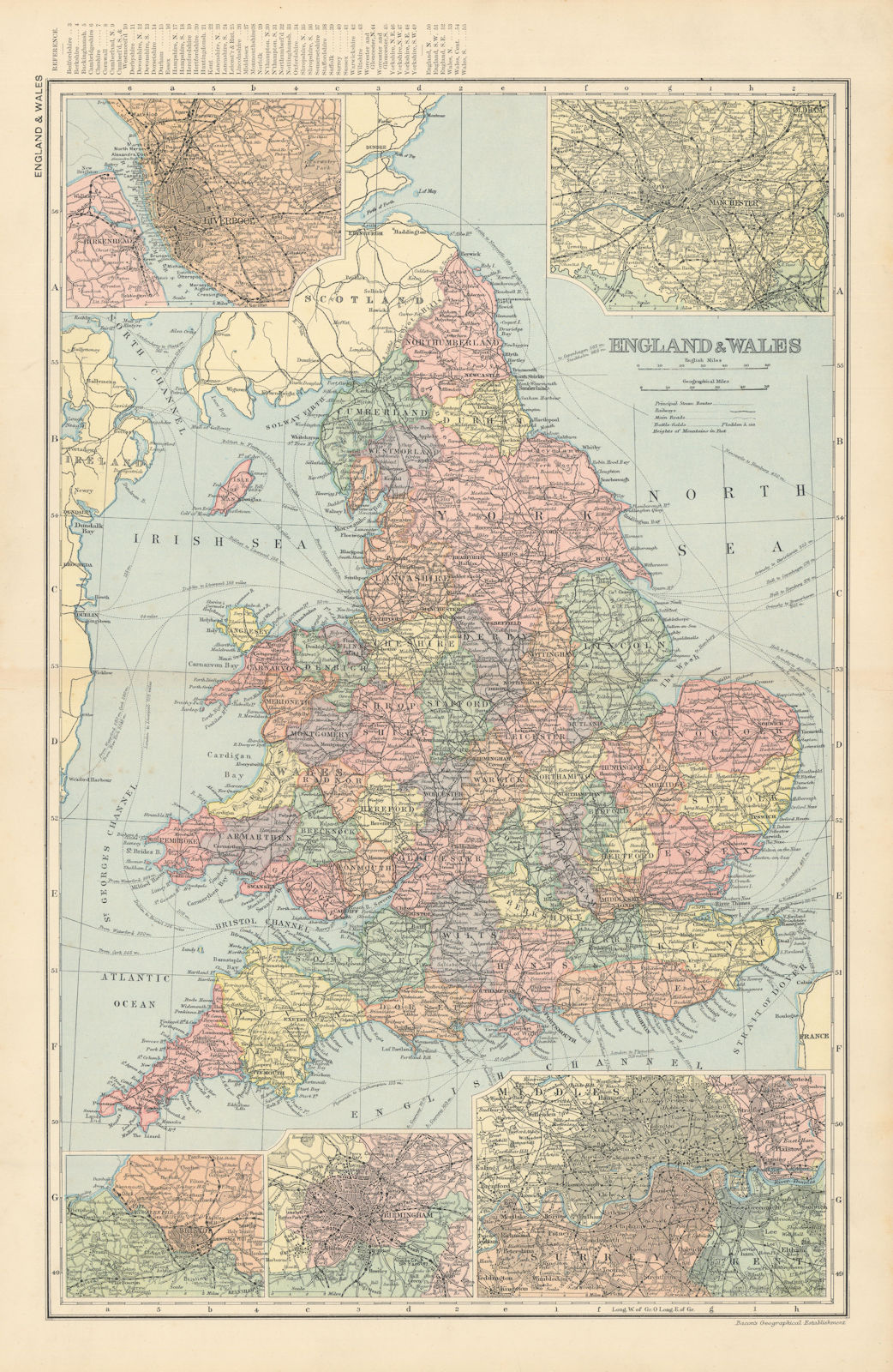 ENGLAND & WALES in counties. Antique index map by GW BACON 1895 old