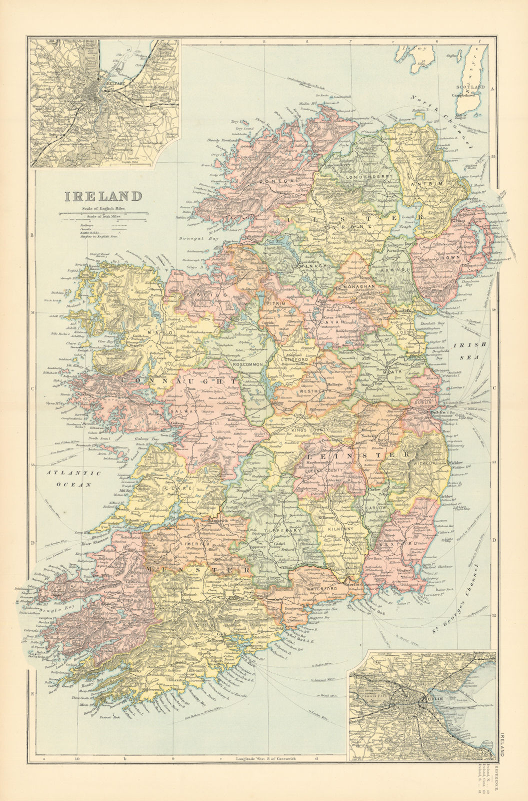 IRELAND in counties. Dublin inset. Antique map by GW BACON 1895 old