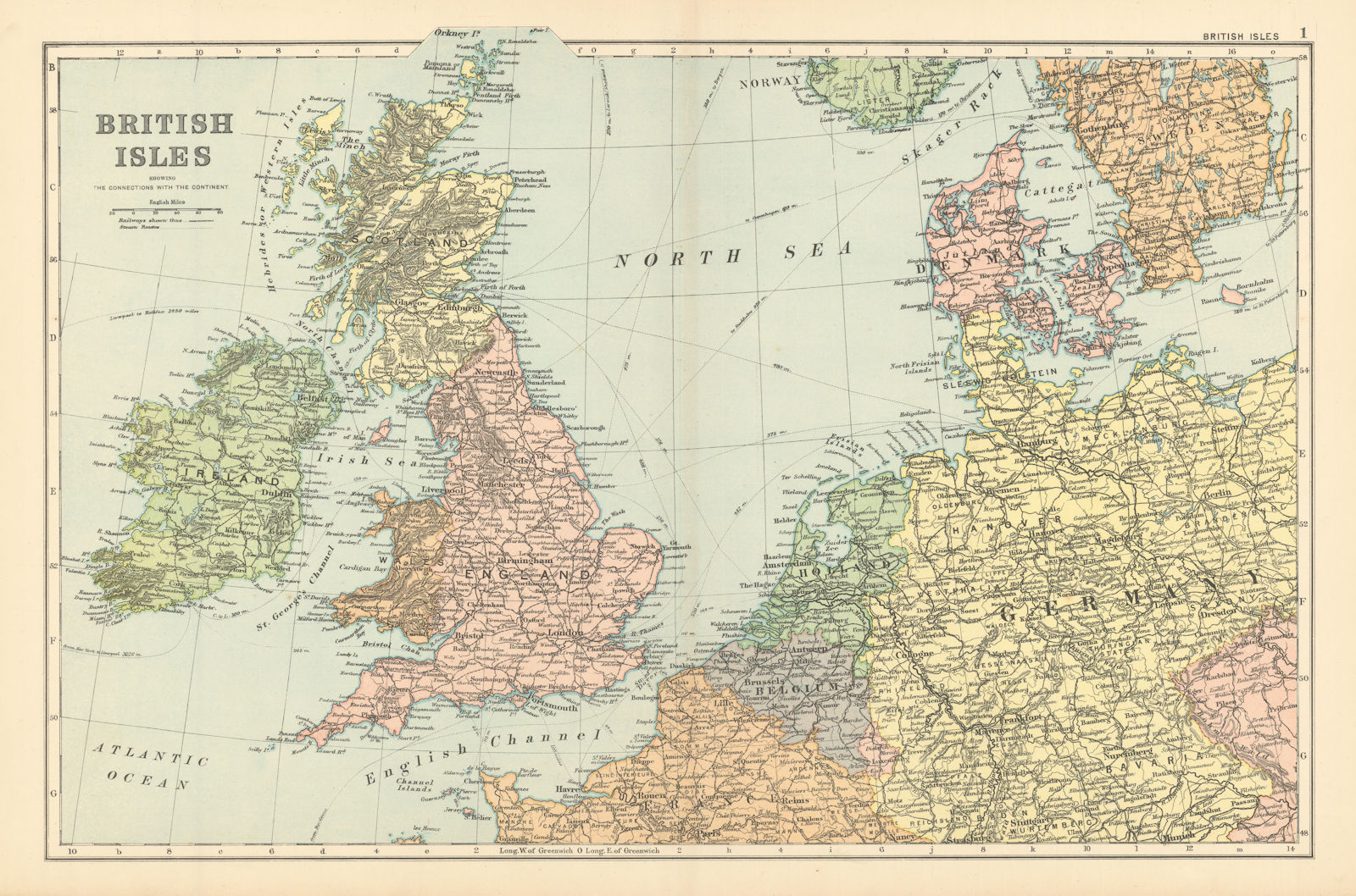 BRITISH ISLES & NORTHERN EUROPE North Sea antique map GW BACON 1895 old