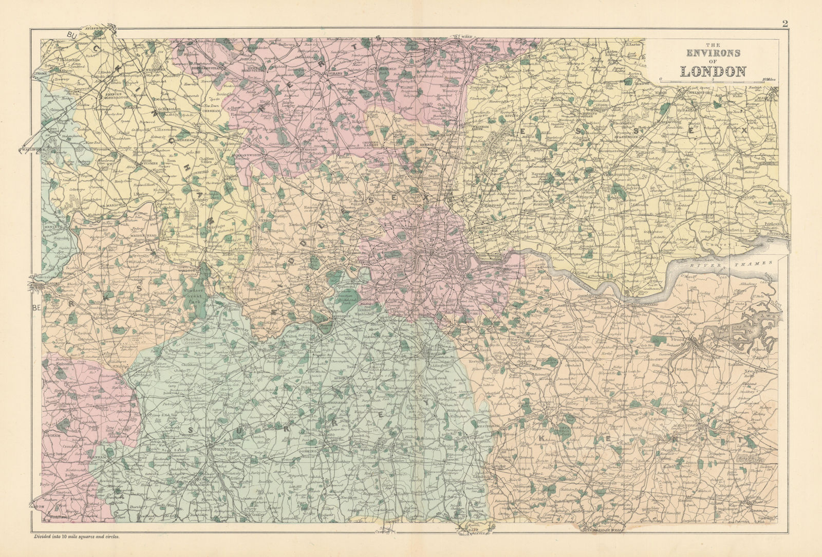 LONDON ENVIRONS. Home counties. Railways & parks. BACON 1895 old antique map