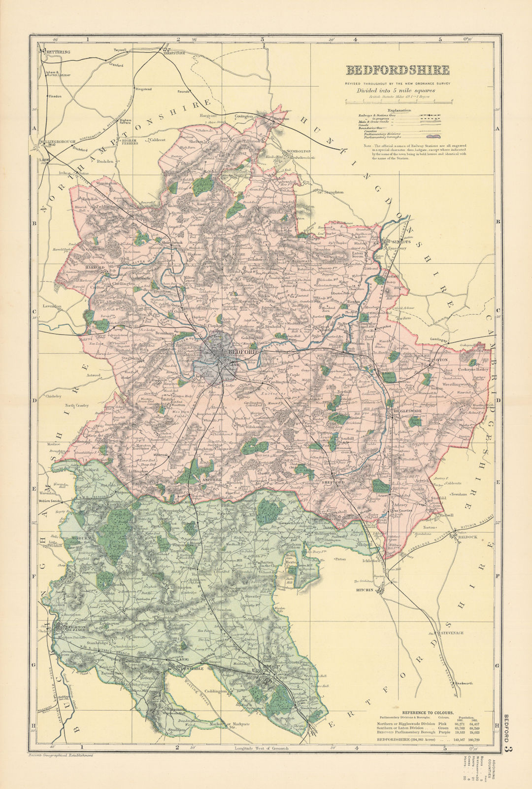 BEDFORDSHIRE antique county map by GW BACON 1895 old plan chart