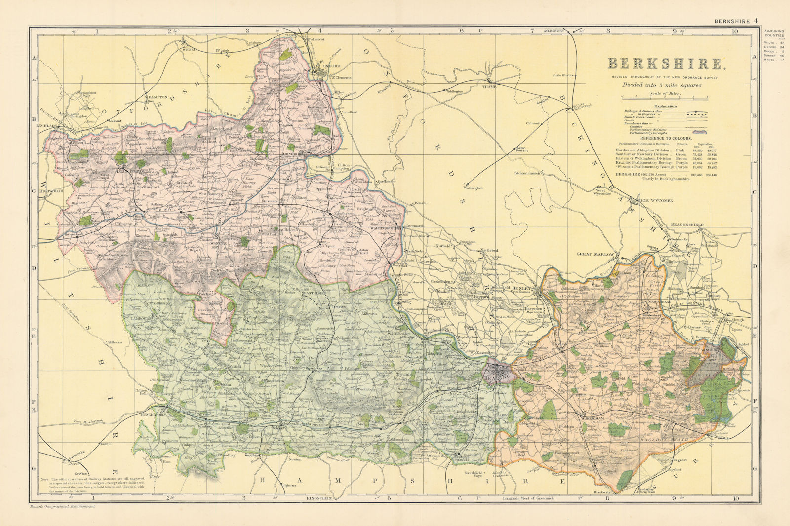 BERKSHIRE antique county map by GW BACON 1895 old plan chart