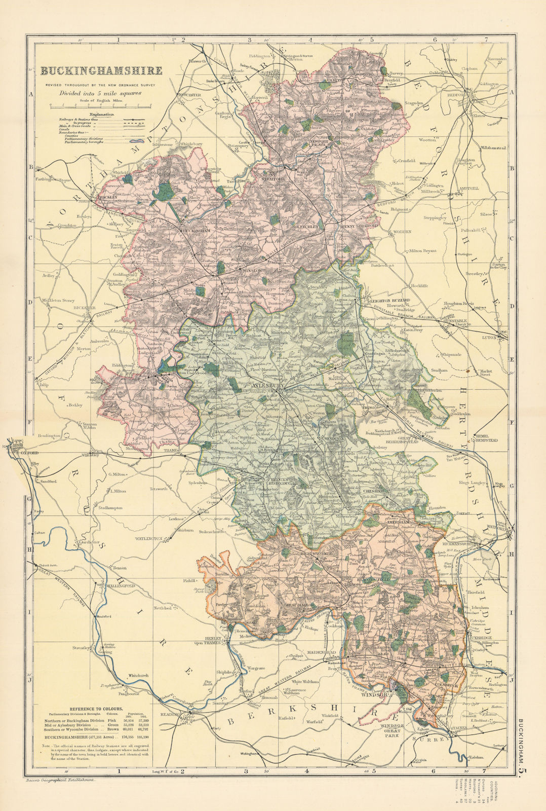 BUCKINGHAMSHIRE antique county map by GW BACON 1895 old plan chart