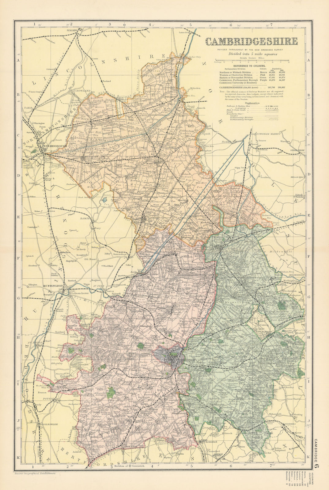 CAMBRIDGESHIRE antique county map by GW BACON 1895 old plan chart