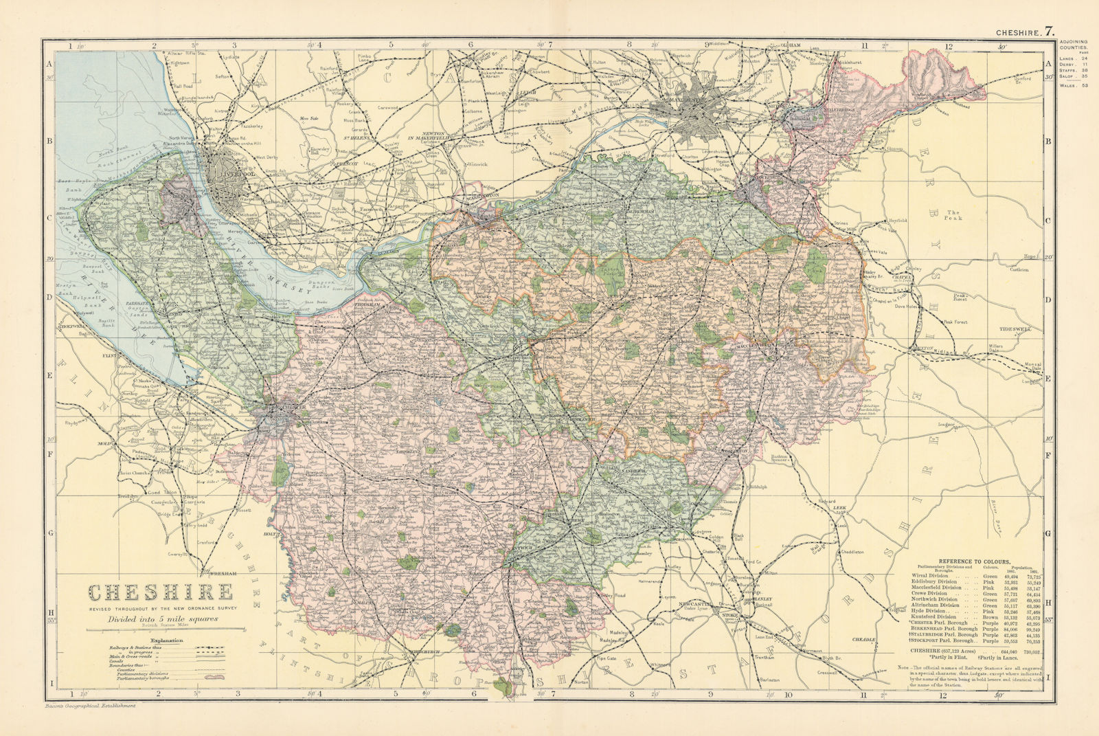 CHESHIRE antique county map by GW BACON 1895 old plan chart