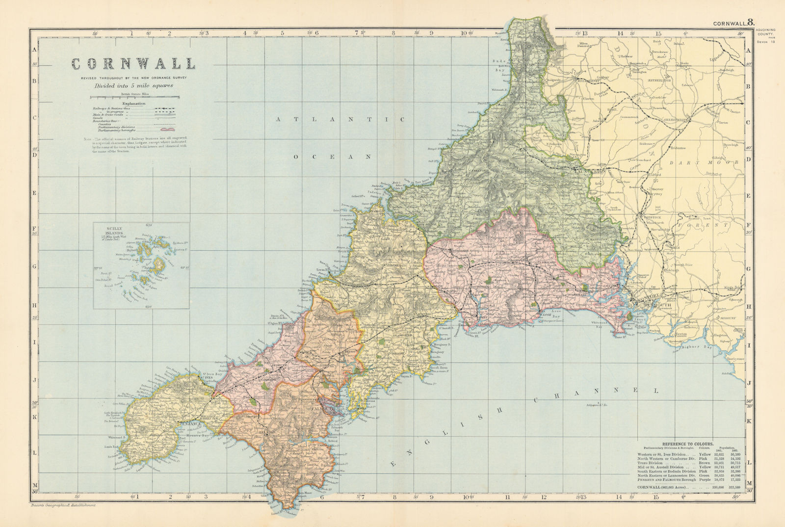 CORNWALL antique county map by GW BACON 1895 old plan chart