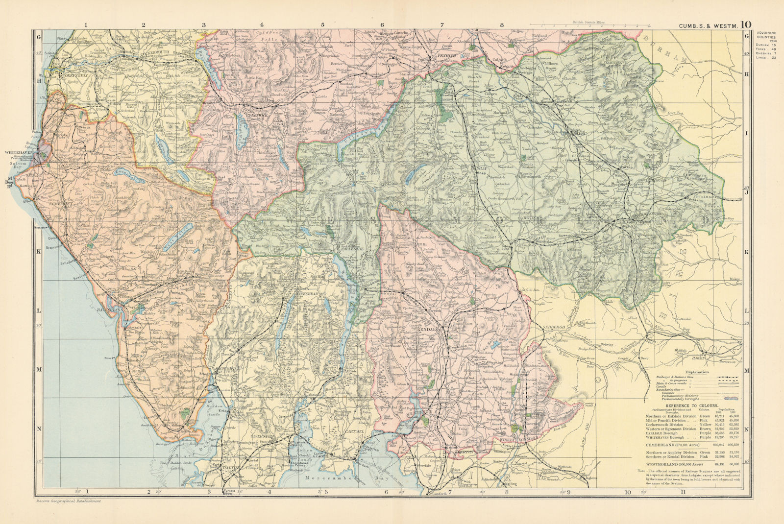 LAKE DISTRICT Cumbria & Westmorland (South sheet) County map GW BACON 1895