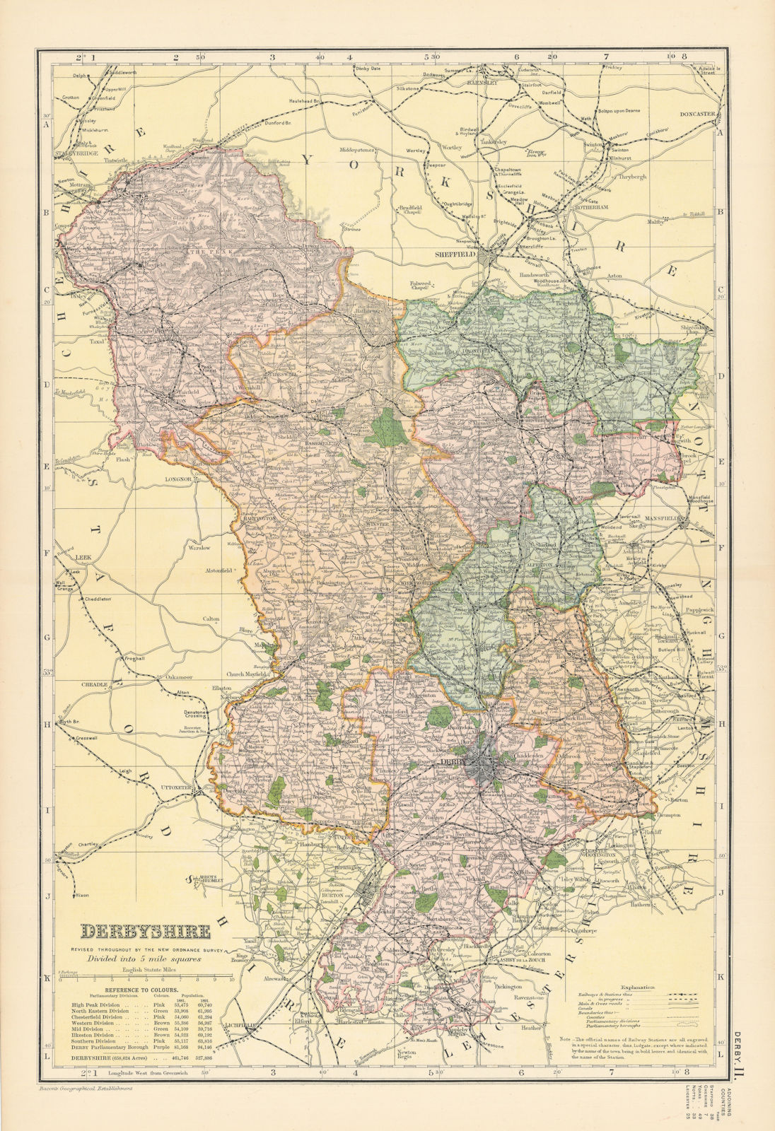 DERBYSHIRE antique county map by GW BACON 1895 old plan chart