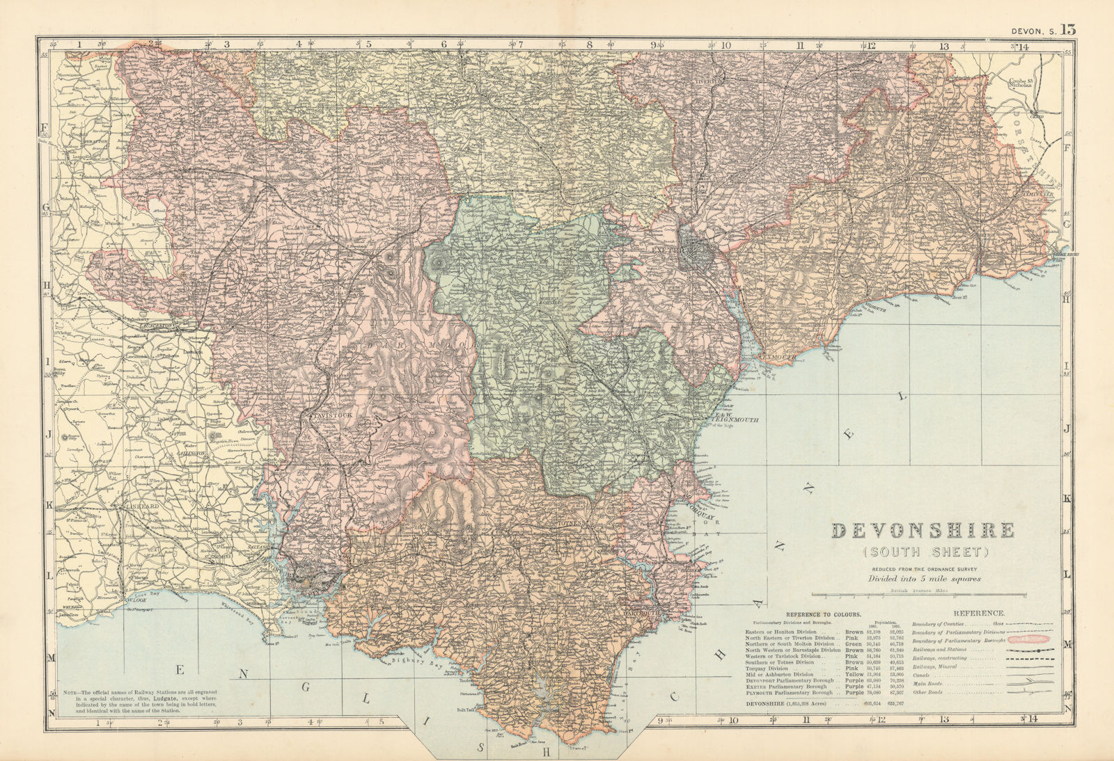 DEVON (SOUTH & EAST) antique county map by GW BACON 1895 old chart