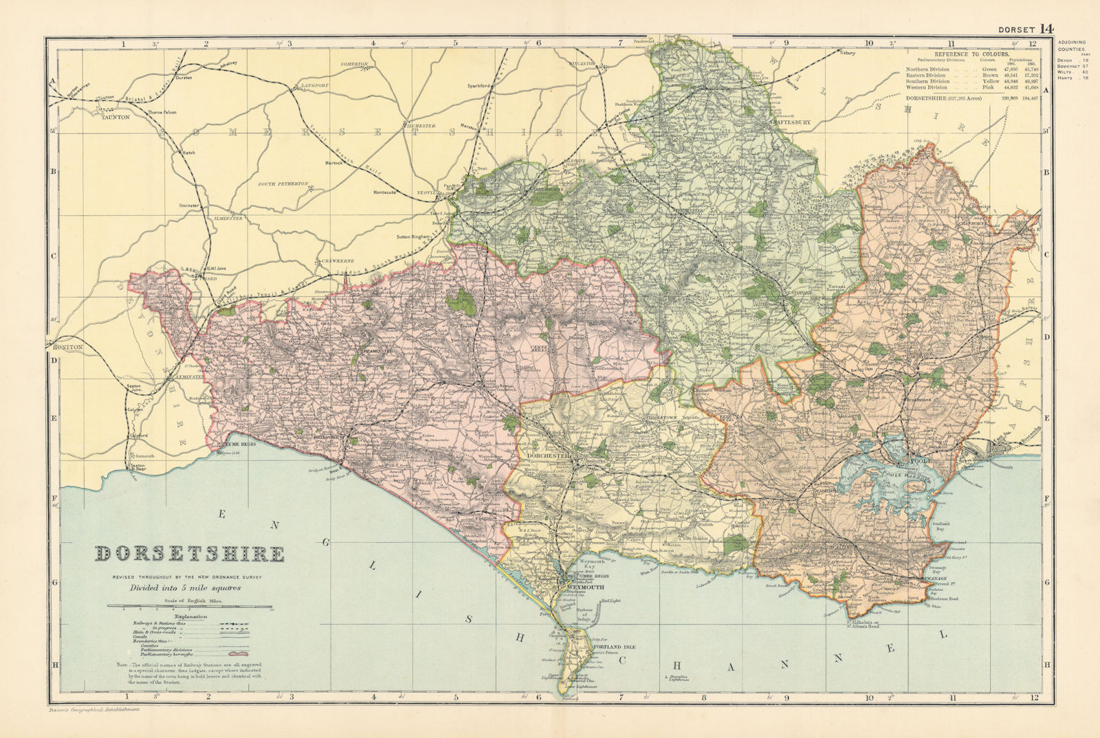 DORSETSHIRE antique county map by GW BACON 1895 old plan chart