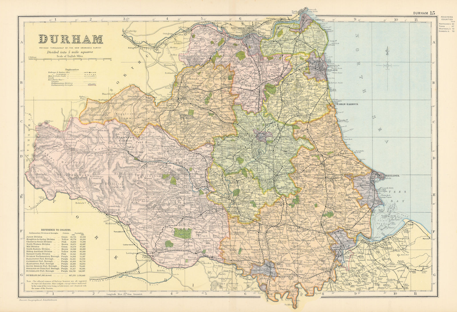 DURHAM antique county map by GW BACON 1895 old vintage plan chart