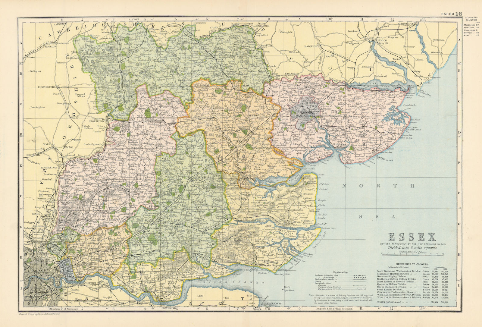 ESSEX antique county map by GW BACON 1895 old vintage plan chart