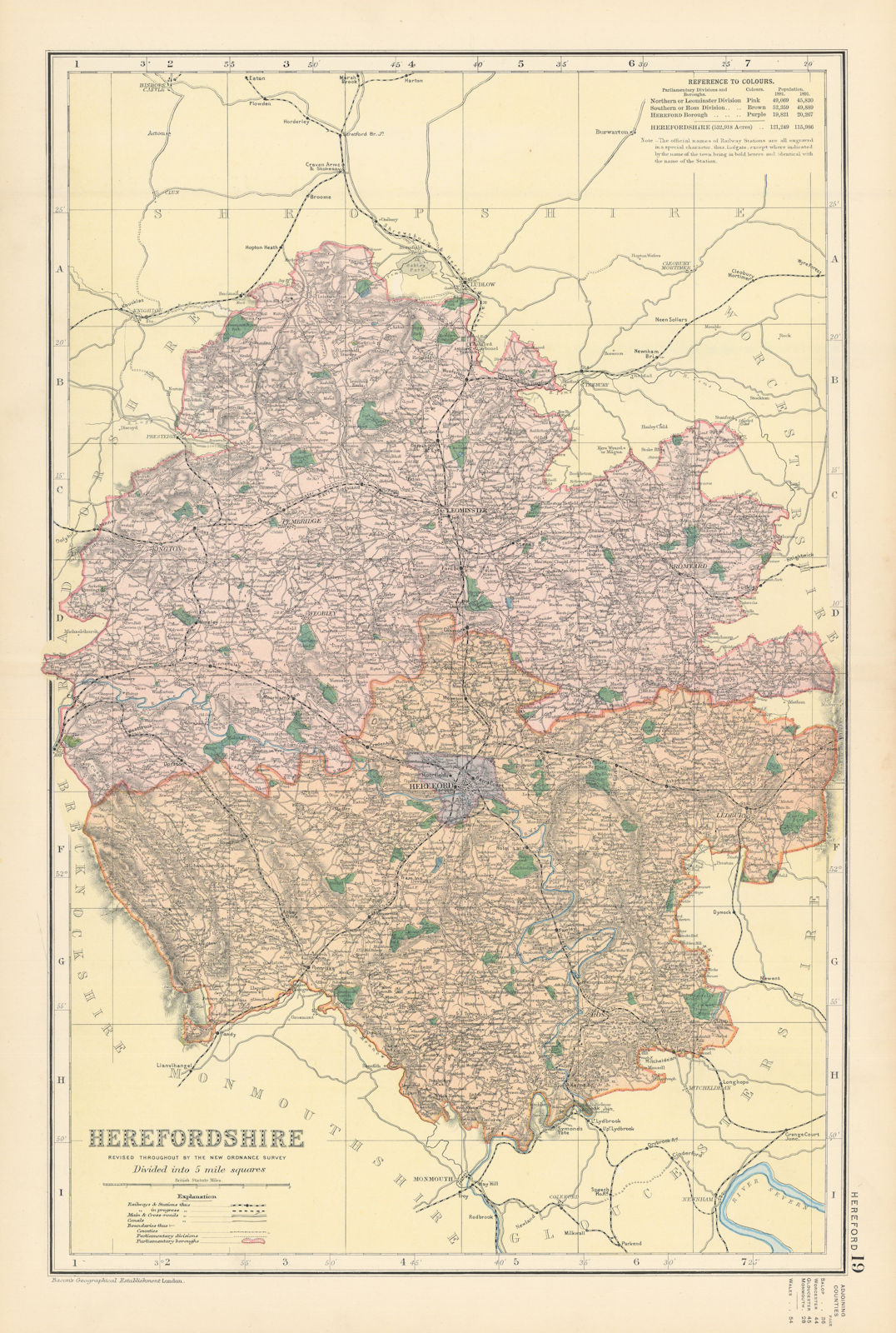 HEREFORDSHIRE antique county map by GW BACON 1895 old plan chart