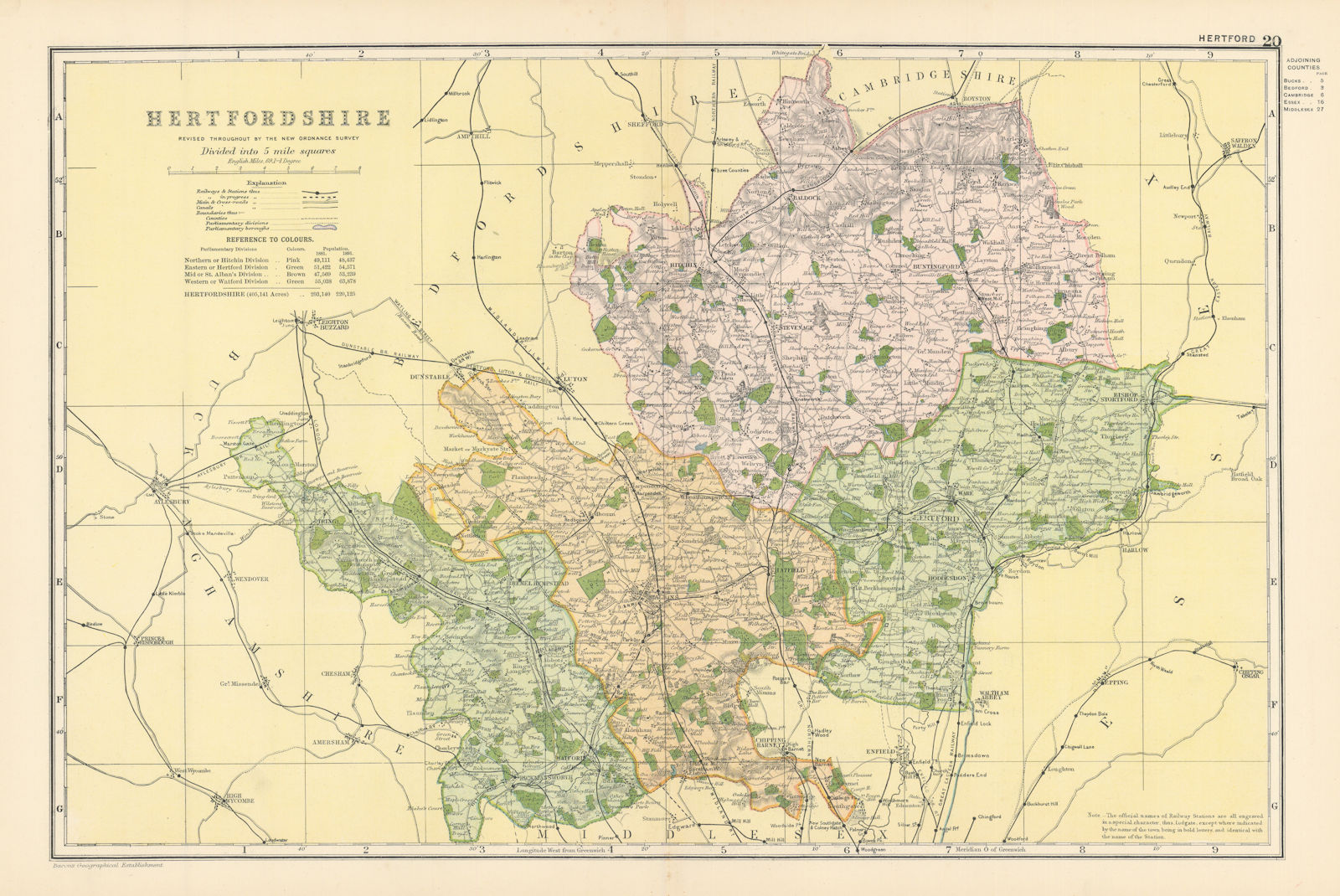 Associate Product HERTFORDSHIRE antique county map by GW BACON 1895 old plan chart