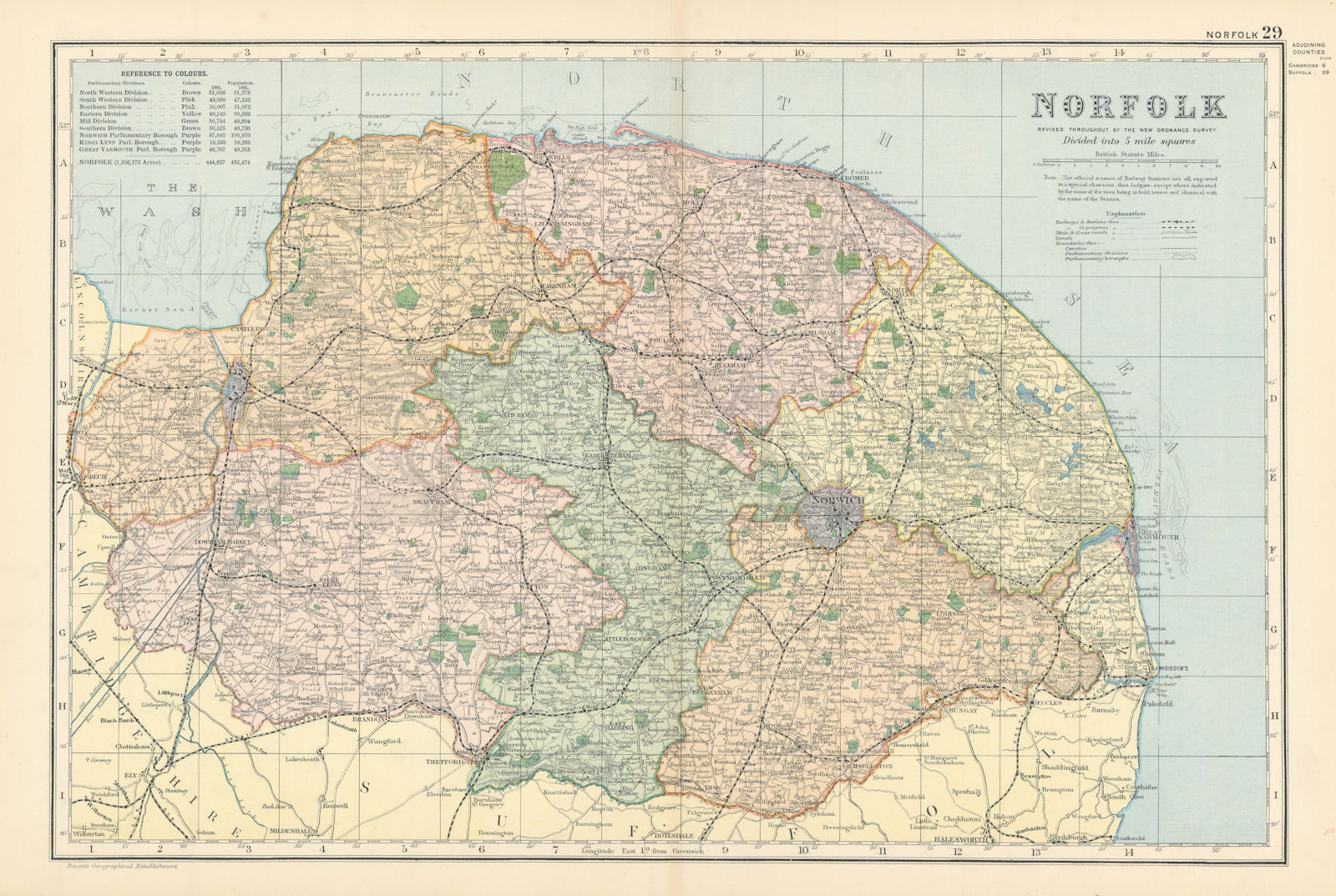 NORFOLK antique county map by GW BACON 1895 old vintage plan chart