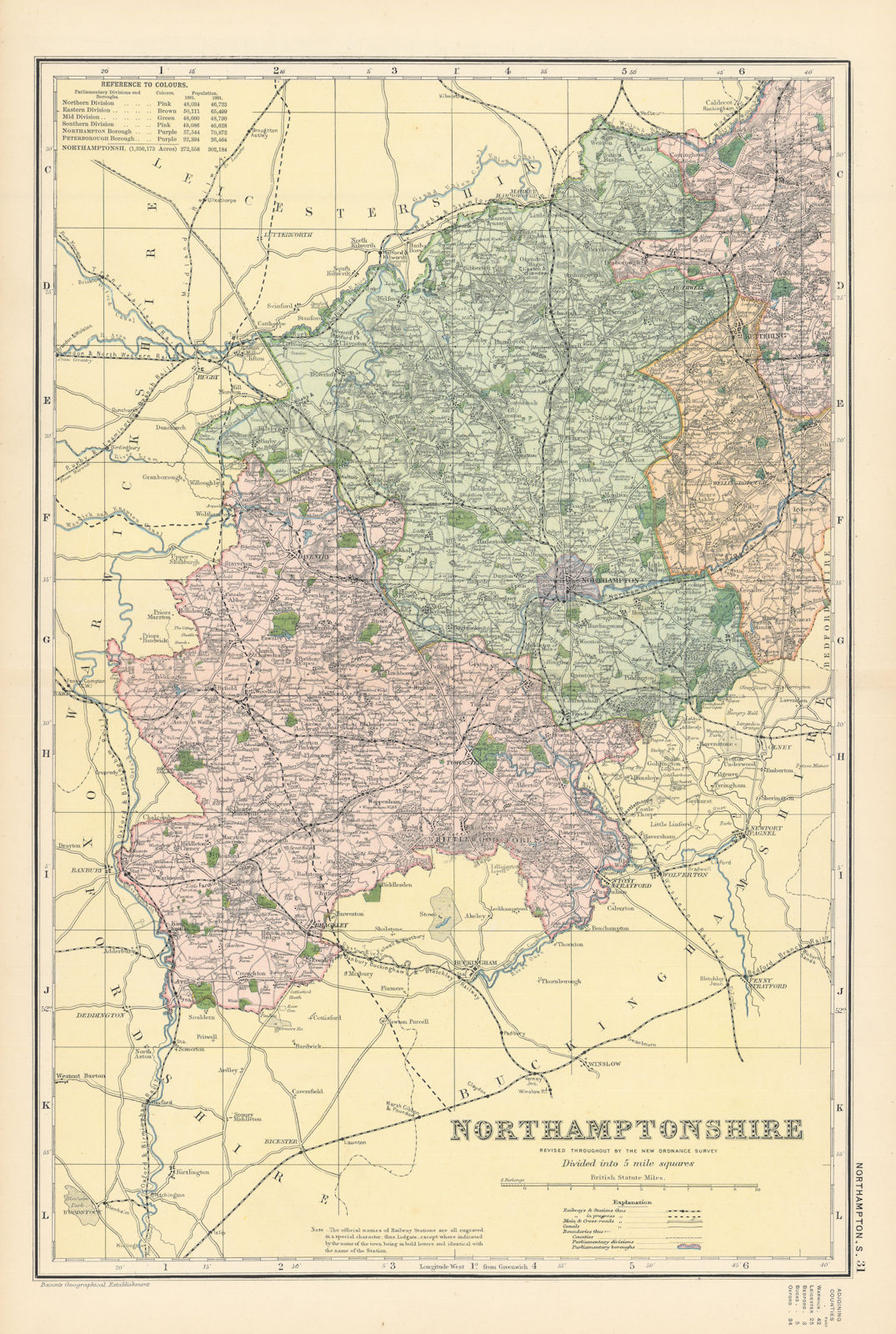 NORTHAMPTONSHIRE (South) antique county map by GW BACON 1895 old