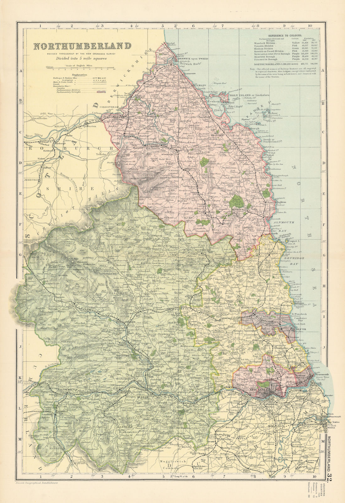 Associate Product NORTHUMBERLAND antique county map by GW BACON 1895 old plan chart