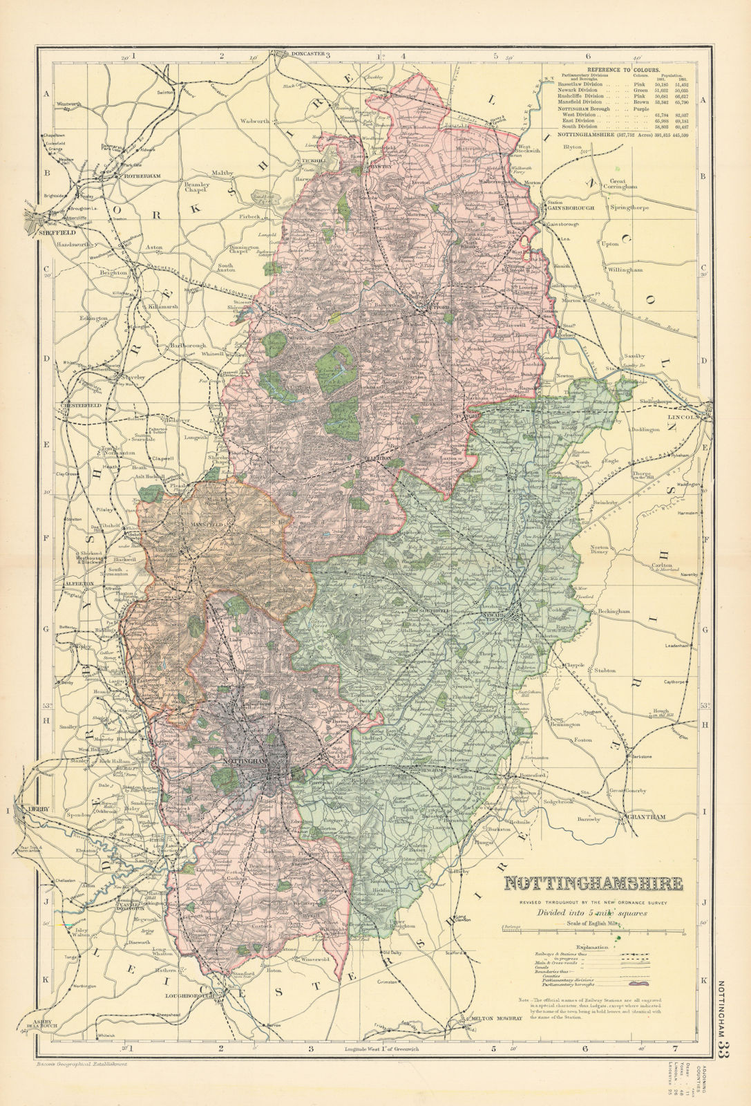 NOTTINGHAMSHIRE antique county map by GW BACON 1895 old plan chart