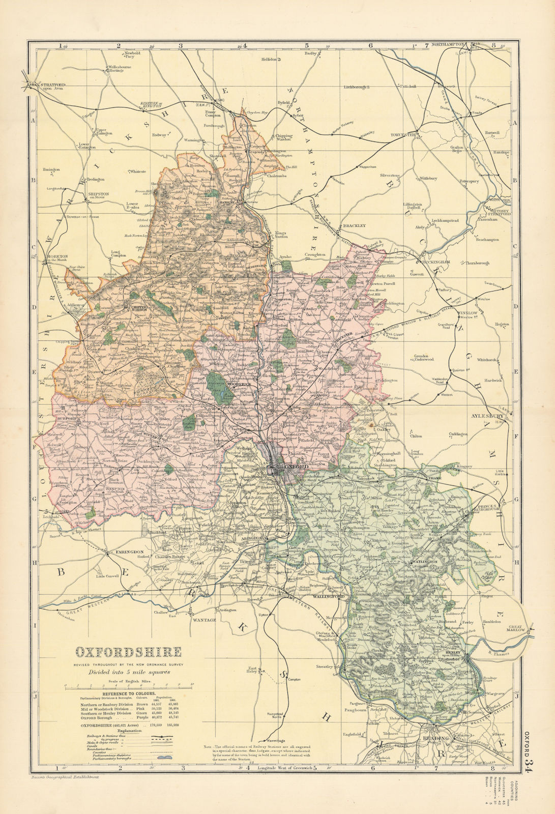 OXFORDSHIRE antique county map by GW BACON 1895 old plan chart