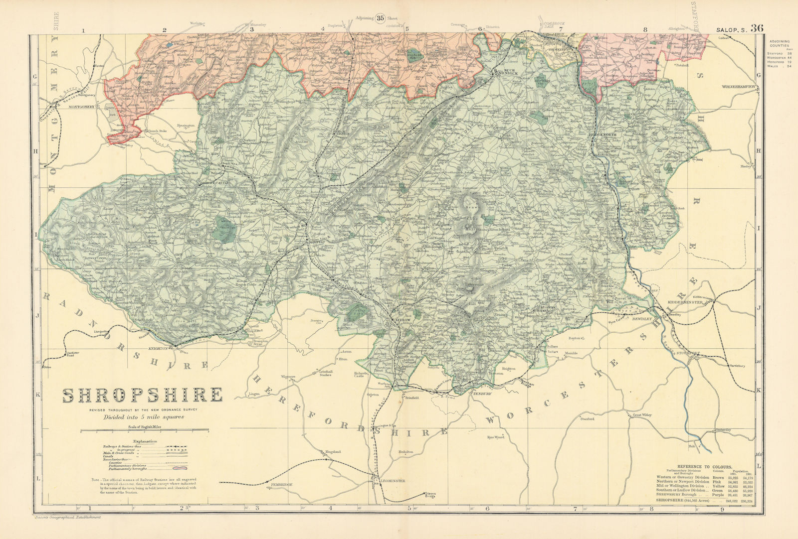 SHROPSHIRE (South) antique county map by GW BACON 1895 old chart