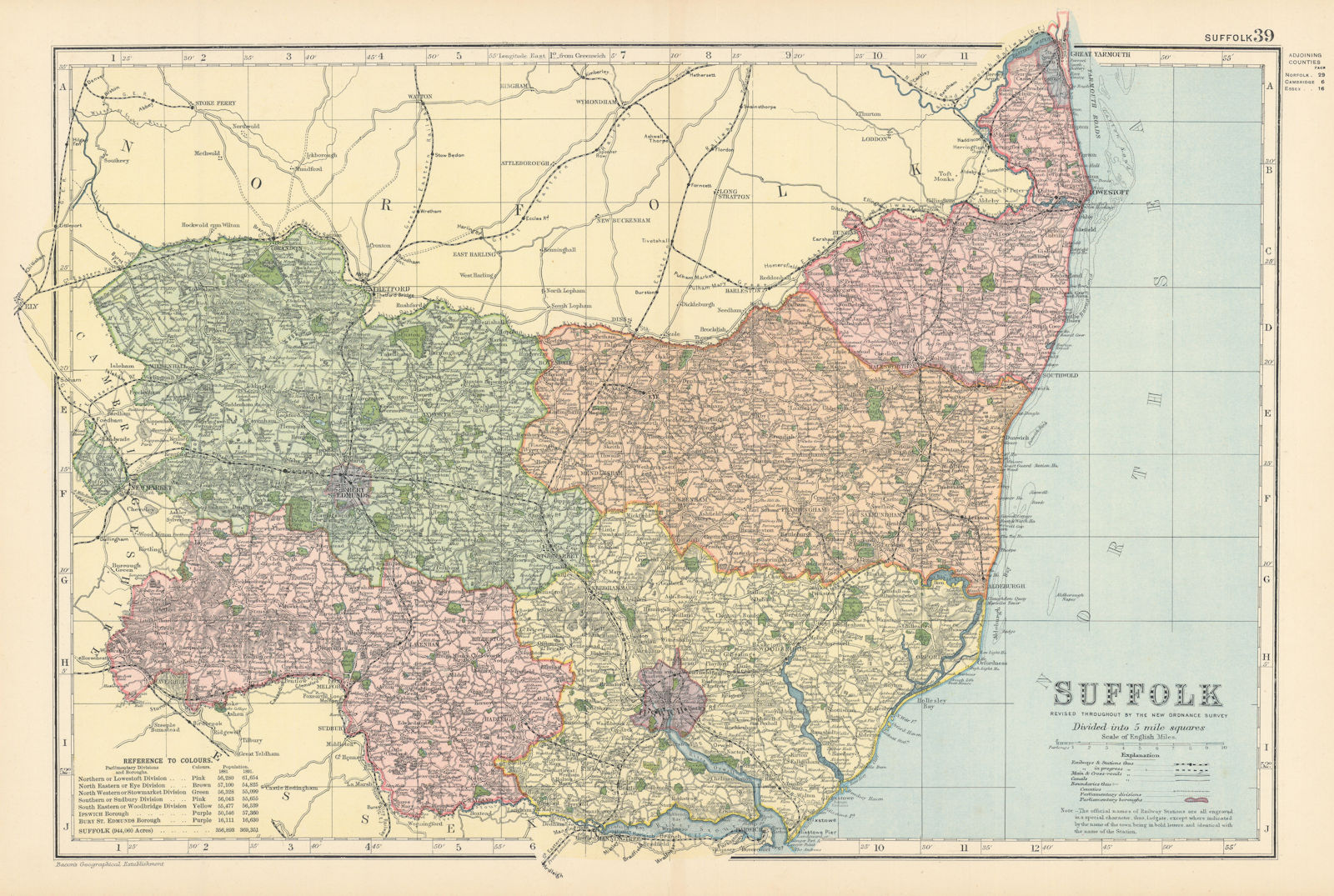 SUFFOLK antique county map by GW BACON 1895 old vintage plan chart