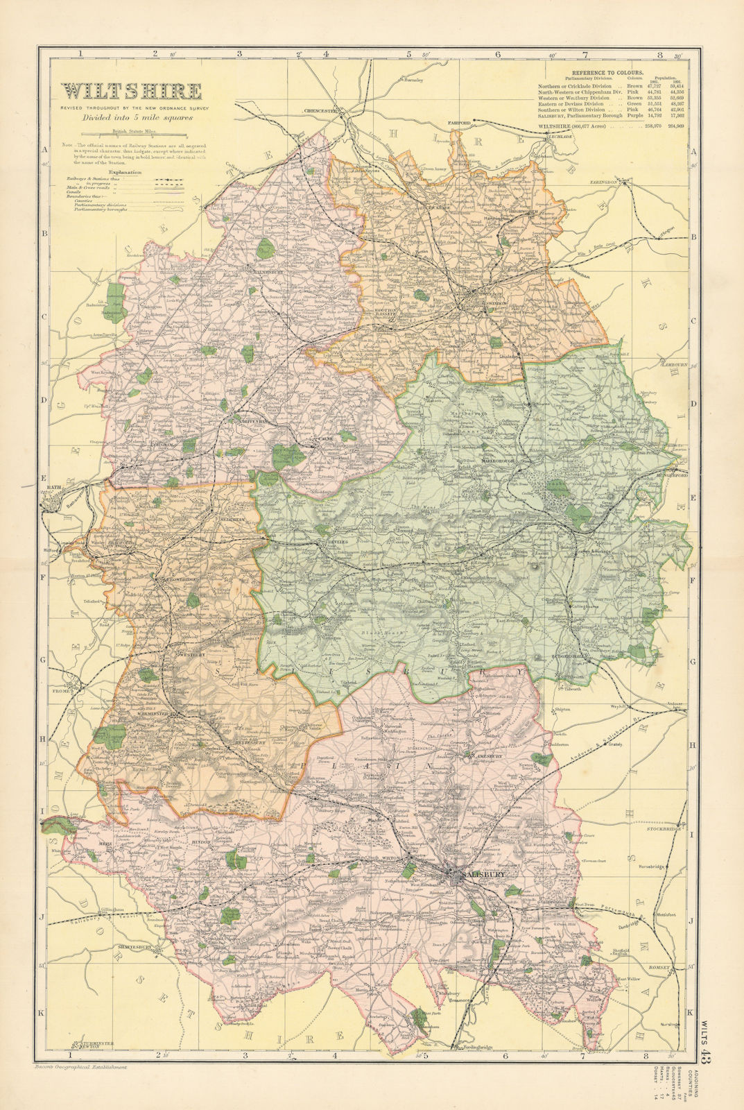 WILTSHIRE antique county map by GW BACON 1895 old plan chart