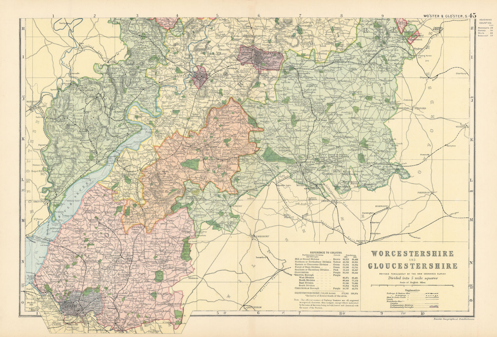 Associate Product WORCESTERSHIRE & GLOUCESTERSHIRE (South) antique county map by GW BACON 1895