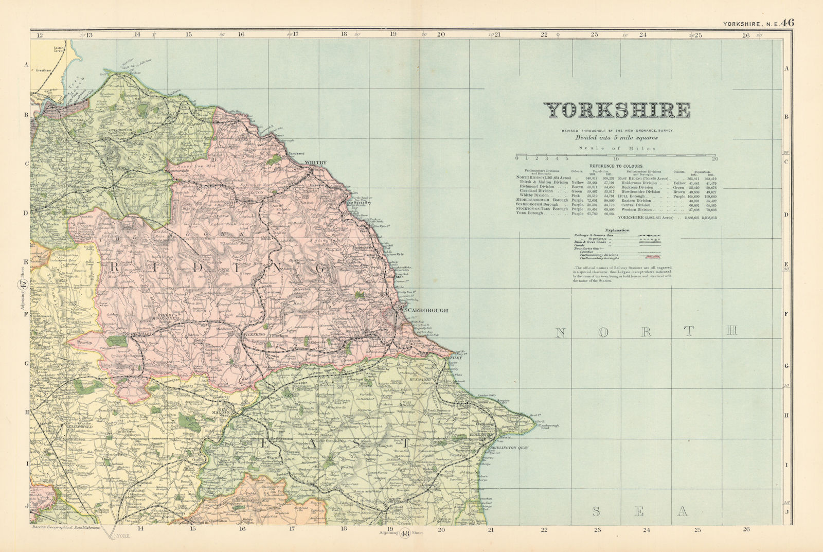 Associate Product YORKSHIRE (North East) Scarborough Whitby antique county map by GW BACON 1895