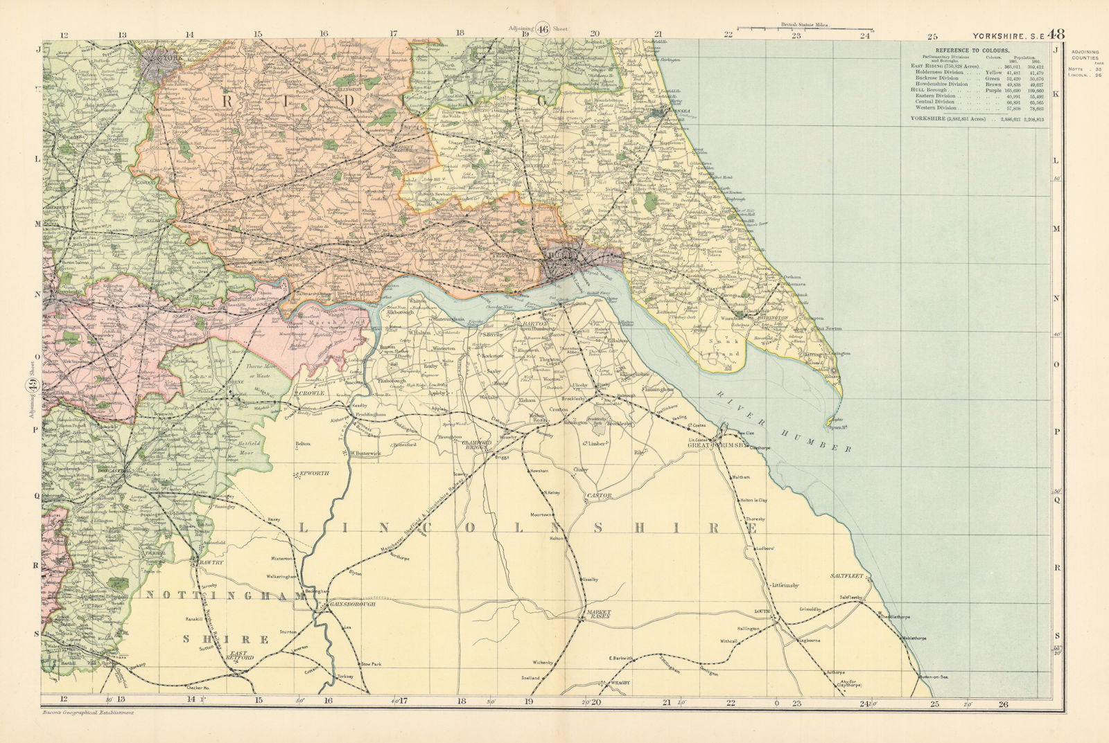 Associate Product YORKSHIRE (South East) Hull York antique county map by GW BACON 1895 old