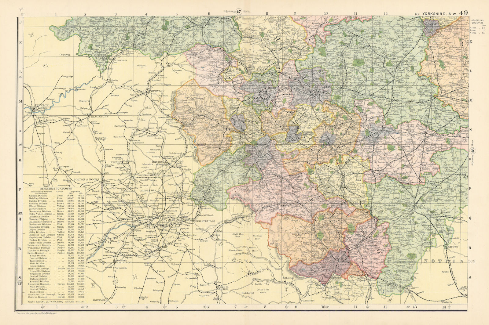 Associate Product YORKSHIRE (South West) Sheffield Leeds Bradford County map GW BACON 1895