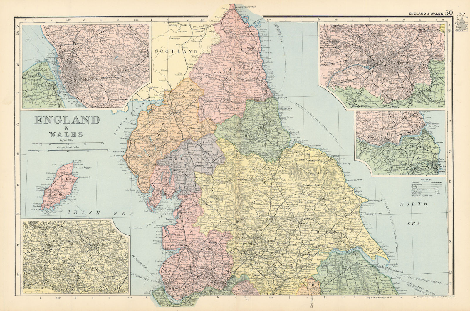 Associate Product NORTHERN ENGLAND Liverpool Leeds Manchester Newcastle environs. BACON 1895 map