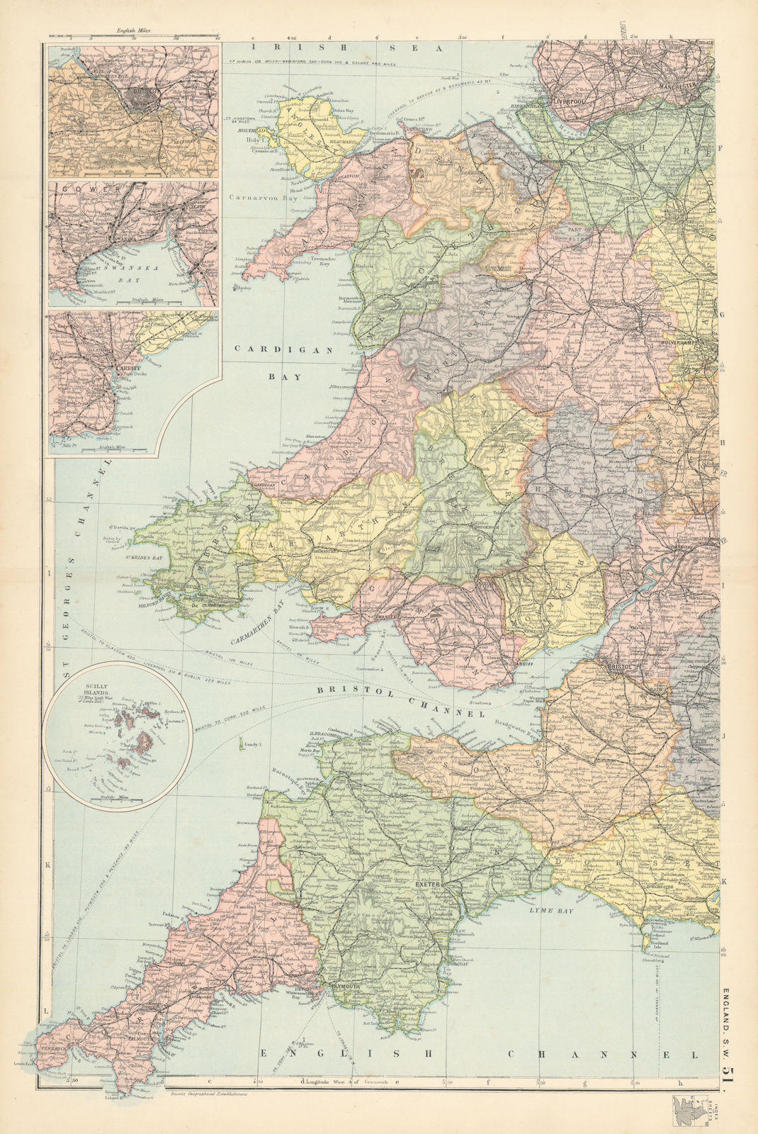 ENGLAND SOUTH WEST/WALES. Bristol Swansea Cardiff. Railways. BACON 1895 map