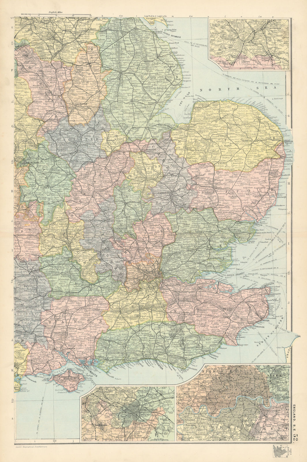 ENGLAND SOUTH EAST MIDLANDS. Sheffield Birmingham London.Railways.BACON 1895 map