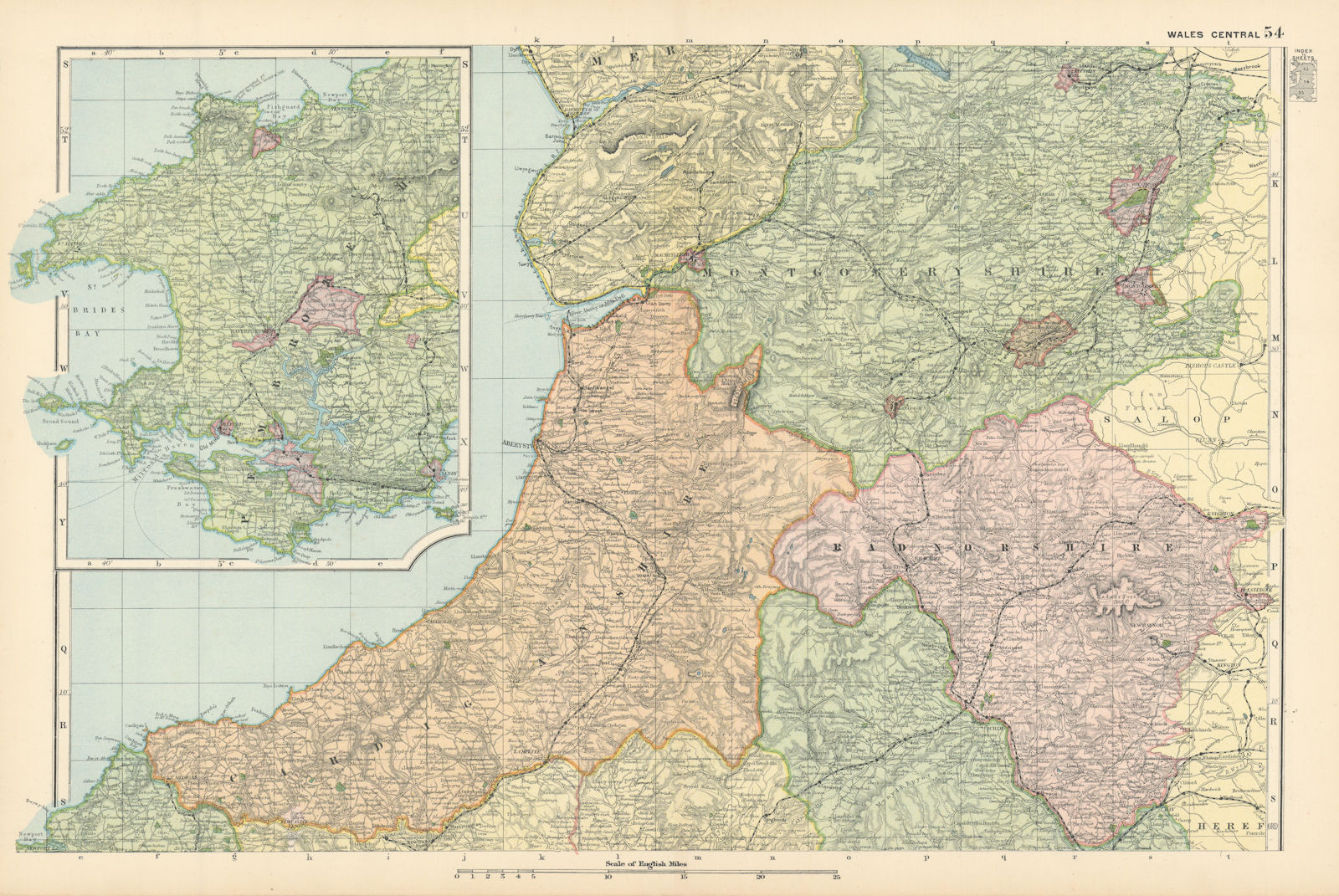 CENTRAL WALES & PEMBROKESHIRE. Showing Parliamentary divisions. BACON 1895 map