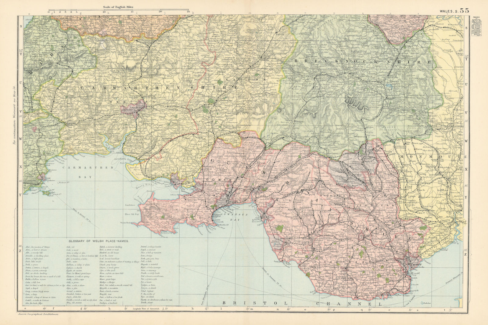 SOUTH WALES. Parliamentary divisions. Welsh place name Glossary. BACON 1895 map