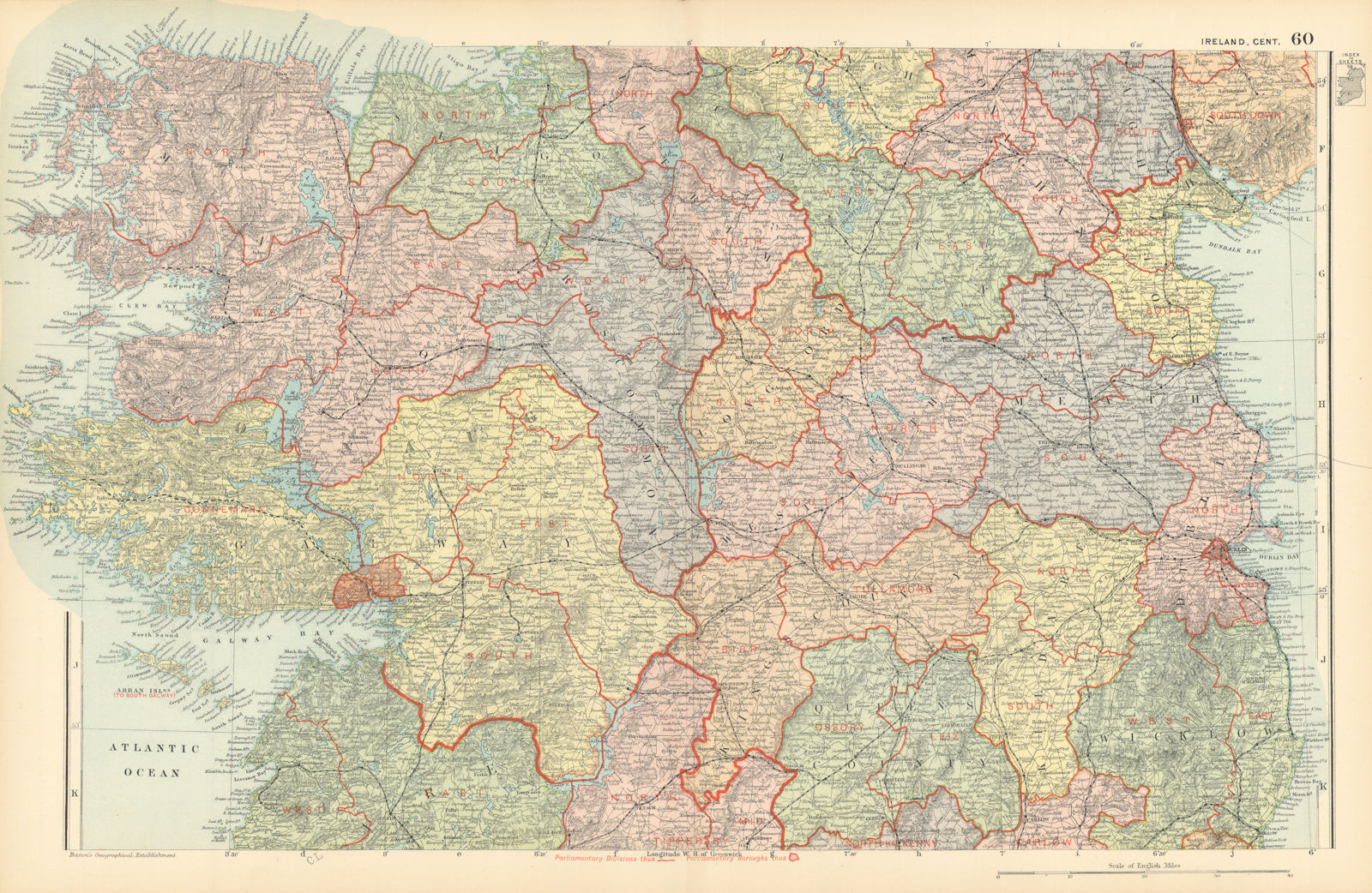 Associate Product IRELAND CENTRAL. Parliamentary divisions. Railways. BACON 1895 old antique map