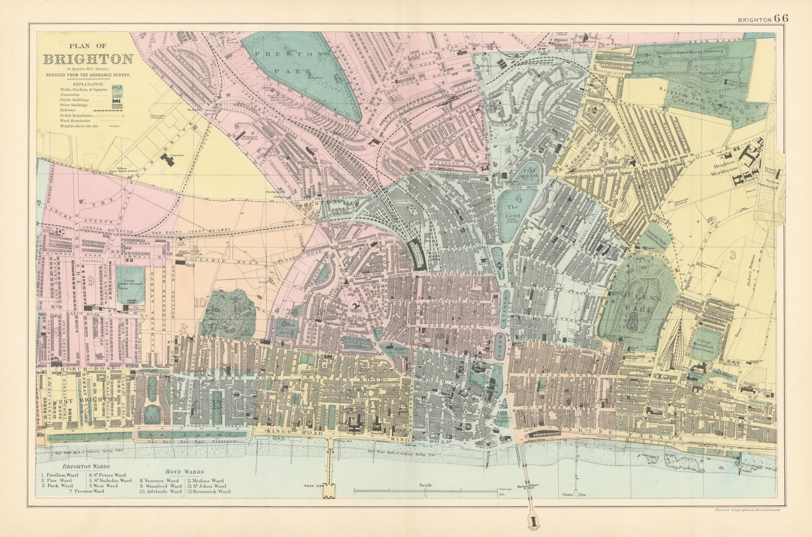 BRIGHTON & HOVE antique town city plan by GW BACON Sussex 1895 old map