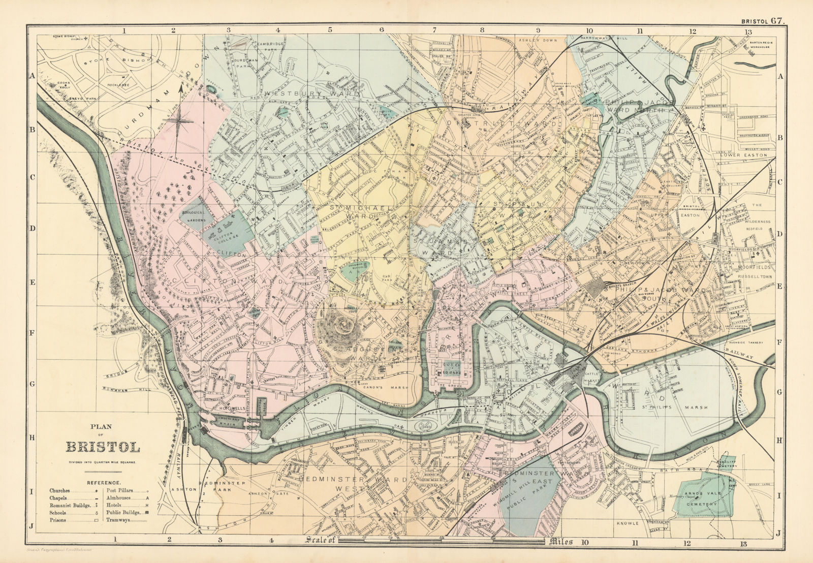 BRISTOL Clifton Cotham Easton Ashton Gate town city plan GW BACON 1895 old map