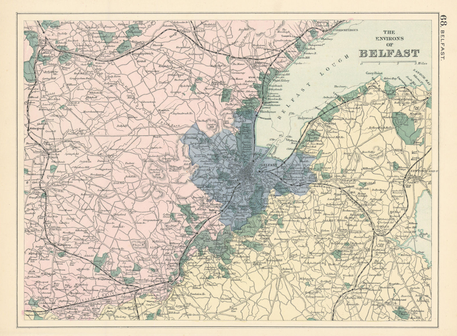 BELFAST & ENVIRONS Lisburn Antrim Carrickfergus antique map by GW BACON 1895