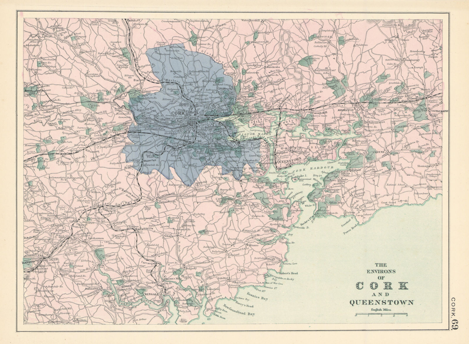 Associate Product CORK & ENVIRONS Cobh Kinsale Bandon Castlemaine antique map by GW BACON 1895