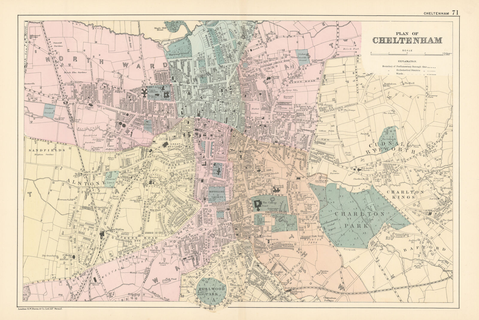 CHELTENHAM Montpellier St. Pauls antique town city plan GW BACON 1895 old map