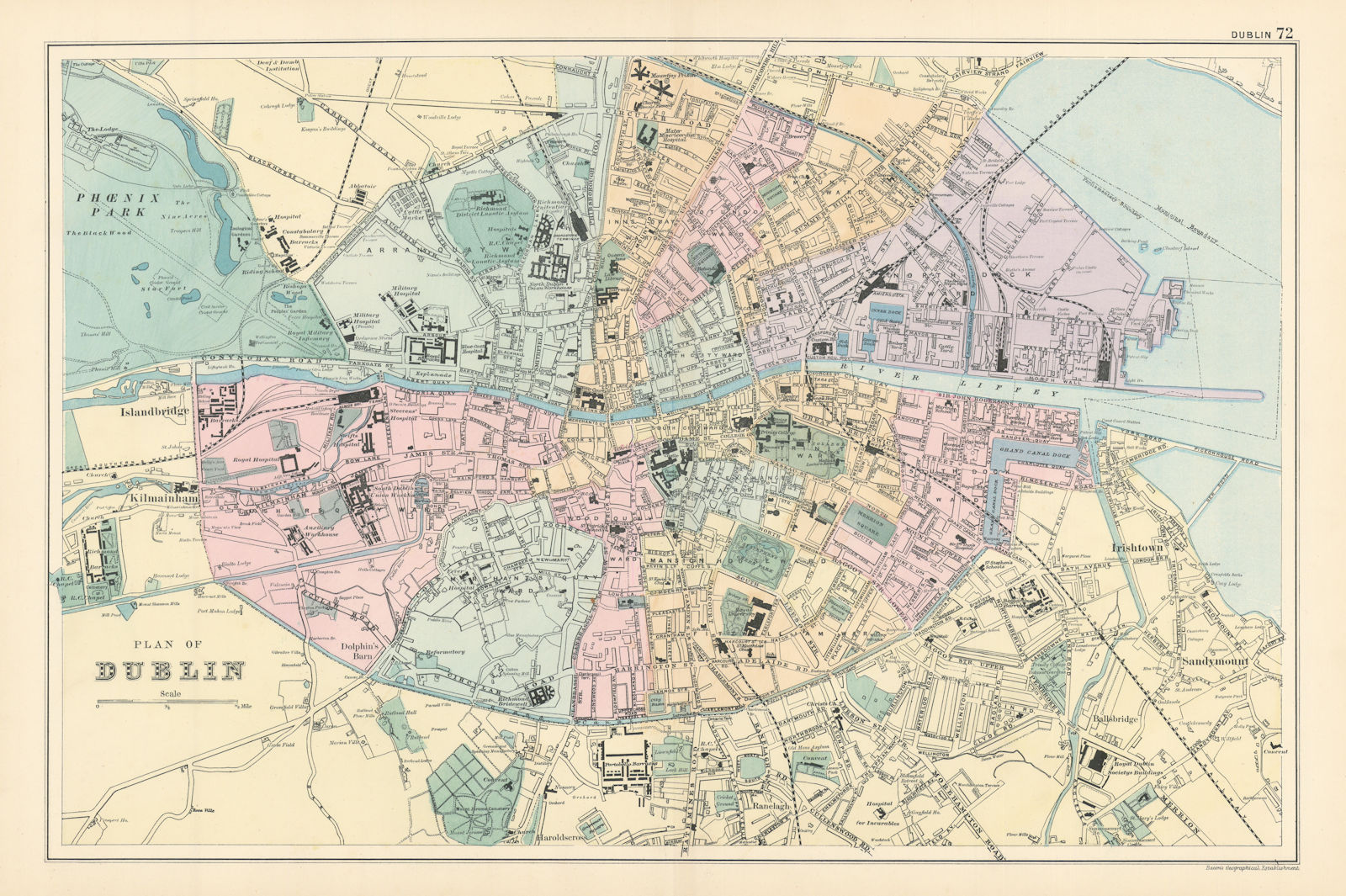 DUBLIN antique town city plan by GW BACON Ireland 1895 old map chart