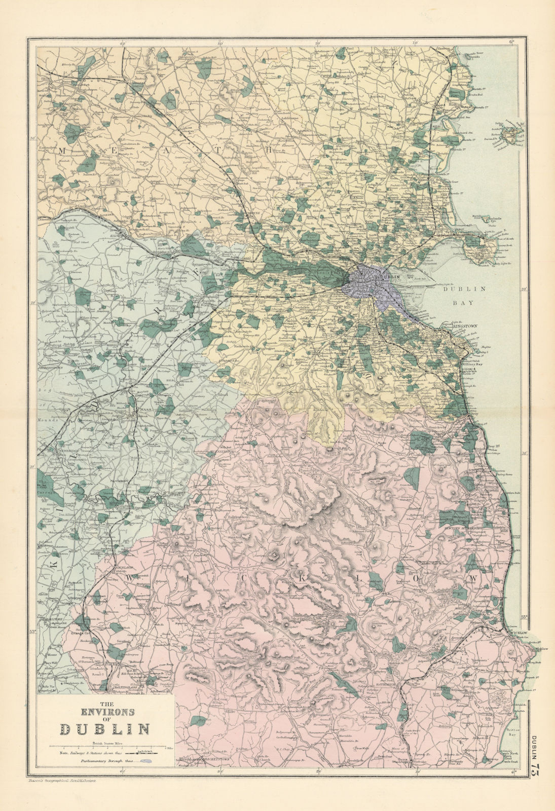 DUBLIN & ENVIRONS Meath Kildare Wicklow IRELAND antique map by GW BACON 1895