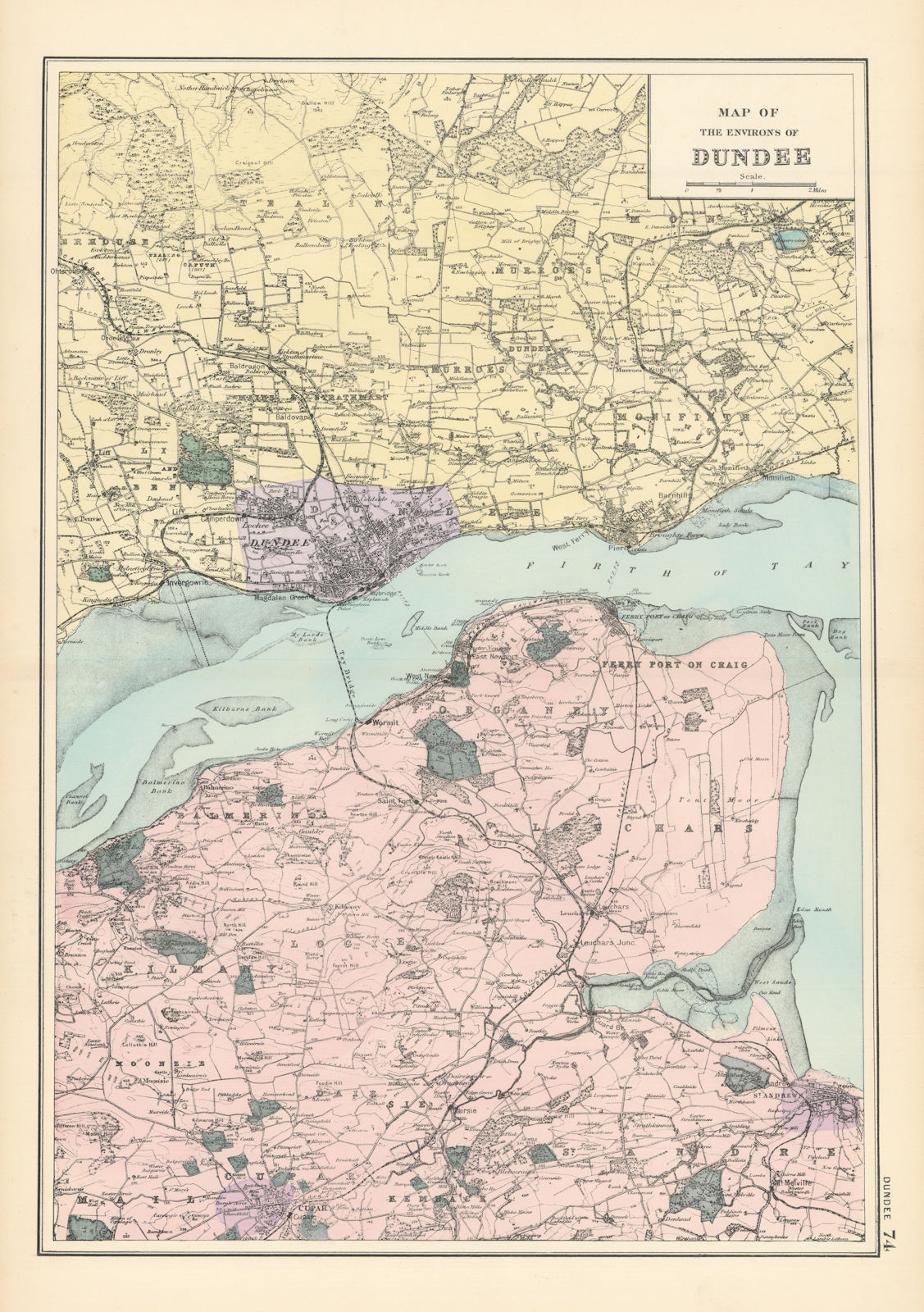 DUNDEE & ENVIRONS St Andrews Cupar Firth of Tay antique map by GW BACON 1895